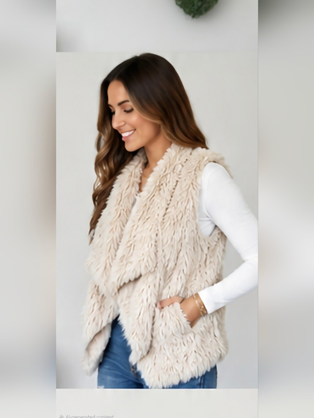 JOLT - Cascading Faux Fur Beige Vest with Pockets. Size M